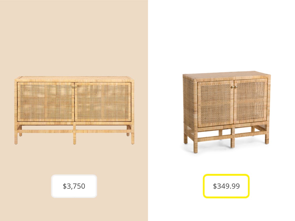 On the left: the Burke Decor Natural Buffet Table for $,750. On the right: a rattan two door cabinet from t.j. maxx for $349.99