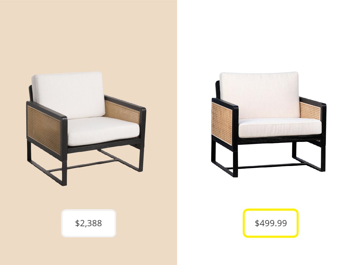 On the left: a Kathy Kuo rattan armchair for $2,388. On the right: a T.J. Maxx rattan armchair furniture dupe for $499.99