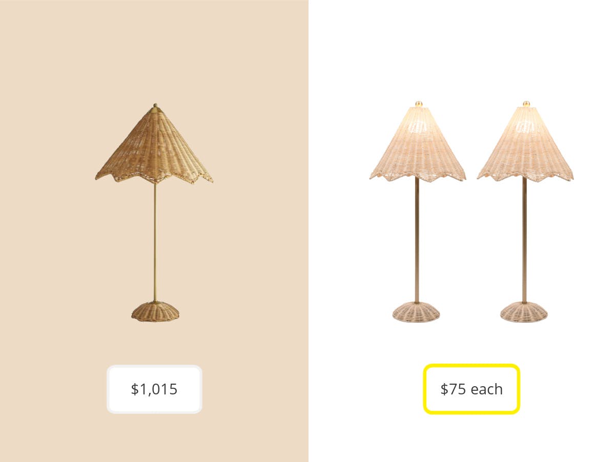 On the left: a Kathy Kuo rattan shade lamp for $1,015. On the right: a T.J. Maxx set of 2 rattan lamps dupe for $149.99 (or $75 per lamp).