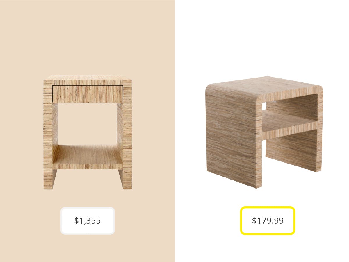 On the left: The Kathy Kuo Papyrus Side End Table for $1,355. On the right: the Grasscloth Side Table from T.J. Maxx for $179.99