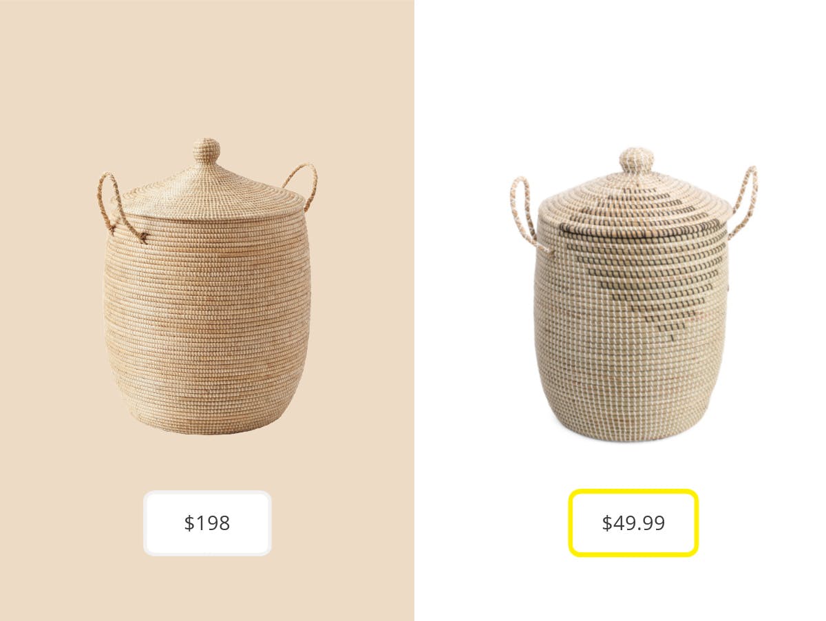 On the left: the Serena & Lily La Jolla Basket for $198. On the right: a large seagrass storage basket from T.J. Maxx for $49.99