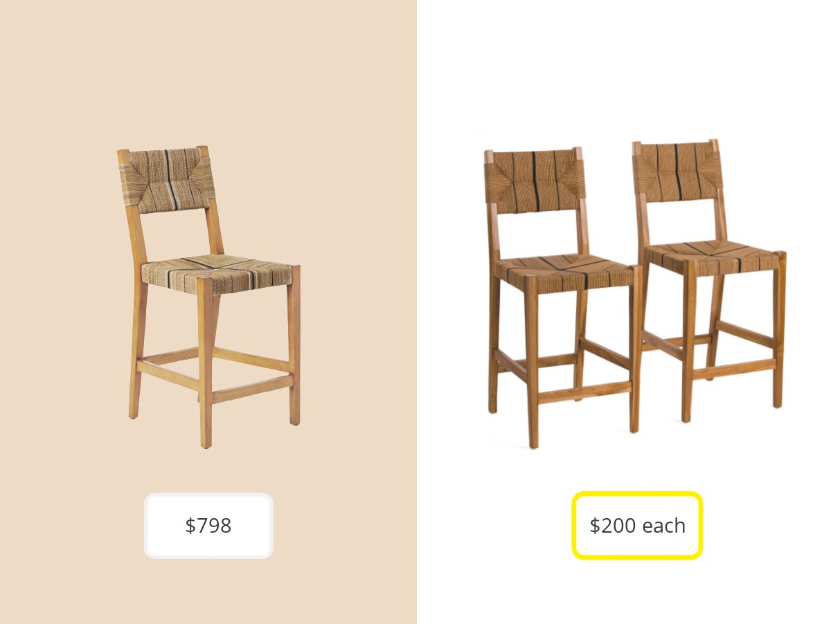 On the left: the Serena & Lily Carson Counter Stool for $798. On the right: Set of 2 woven striped counter stools from T.J. Maxx for $399.99