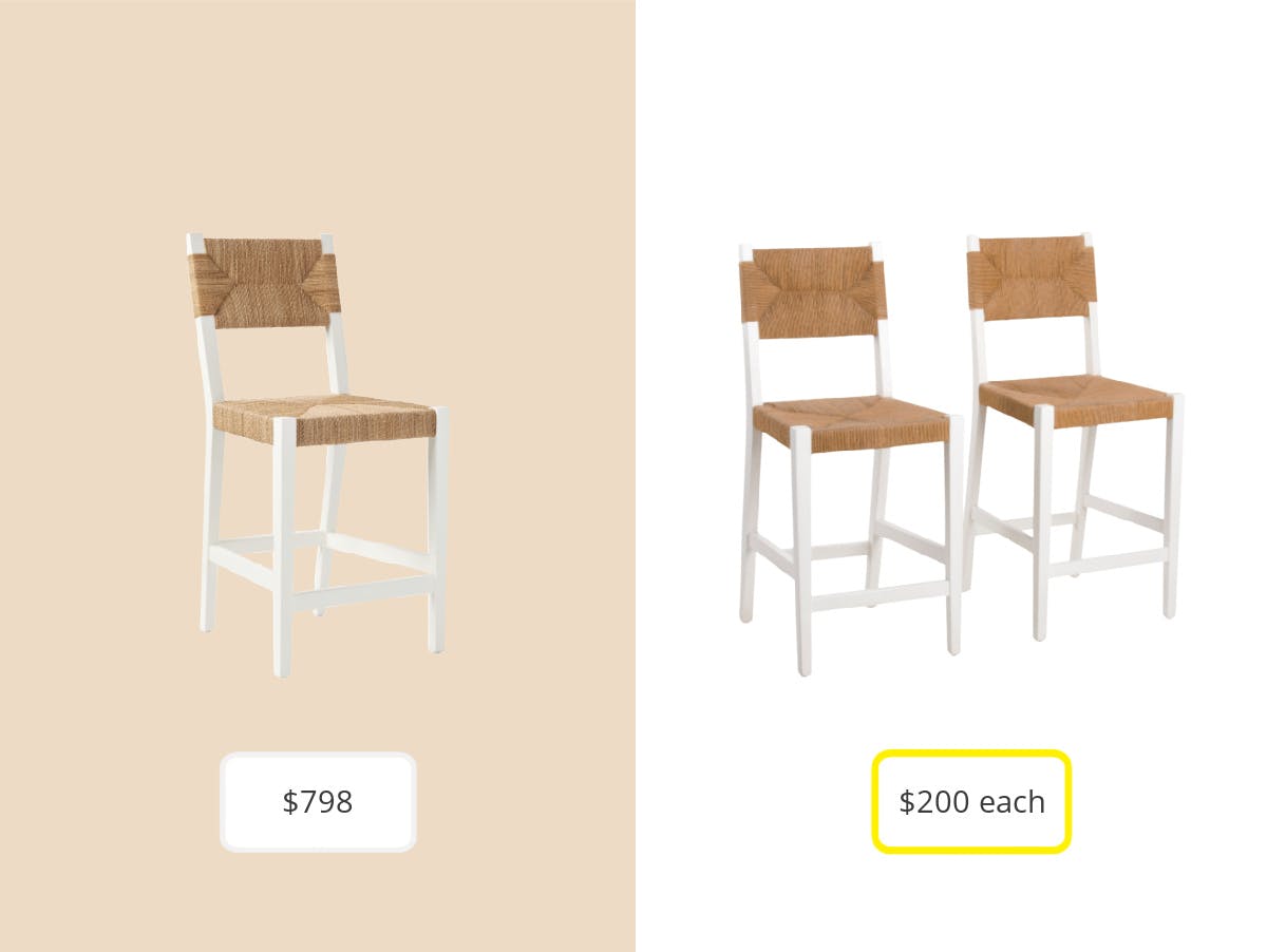 On the left: The Serena & Lily Hughes Counter Stool for $798. On the right: Set of 2 Woven Counter Stools from T.J. Maxx for $399.99