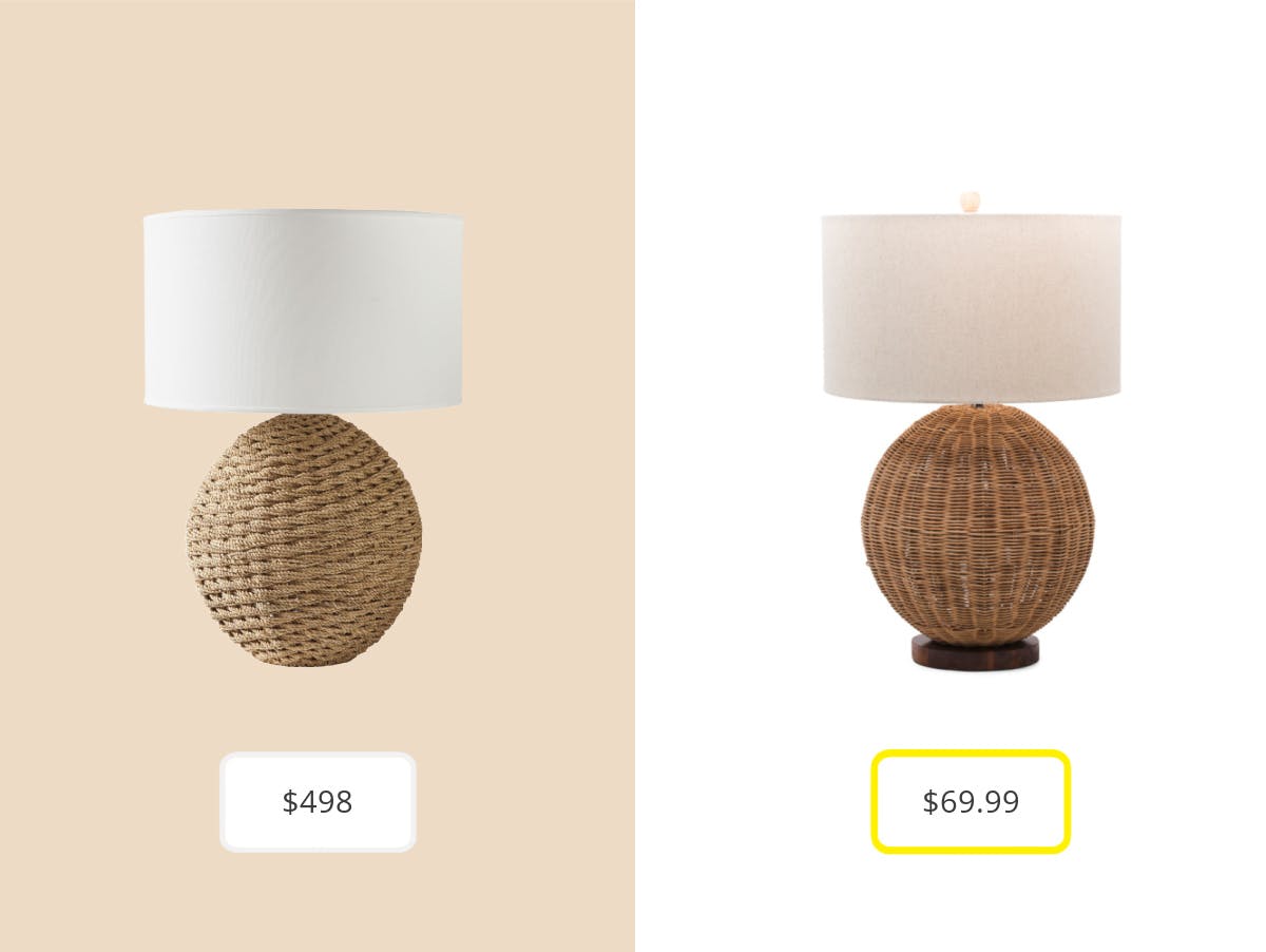 On the left: a Serena & Lily round rattan base lamp for $498. On the right: a rattan metal lamp from T.J. Maxx for $69.99.