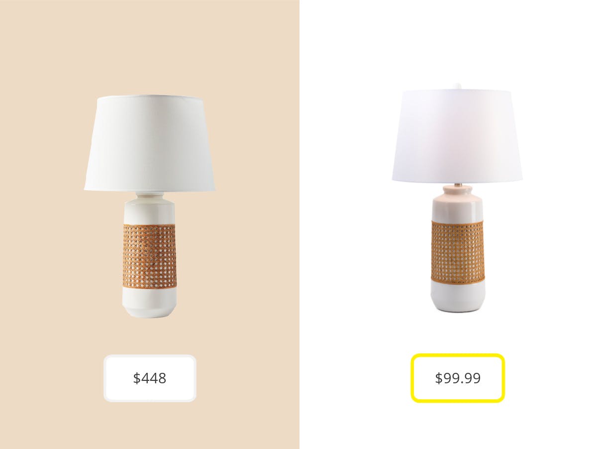 On the left: the Serena & Lily Round Hill Table Lamp for $448. On the right: The Ceramic and Rattan Table Lamp from T.J. Maxx for $99.99