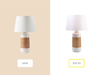 On the left: the Serena & Lily Round Hill Table Lamp for $448. On the right: The Ceramic and Rattan Table Lamp from T.J. Maxx for $99.99