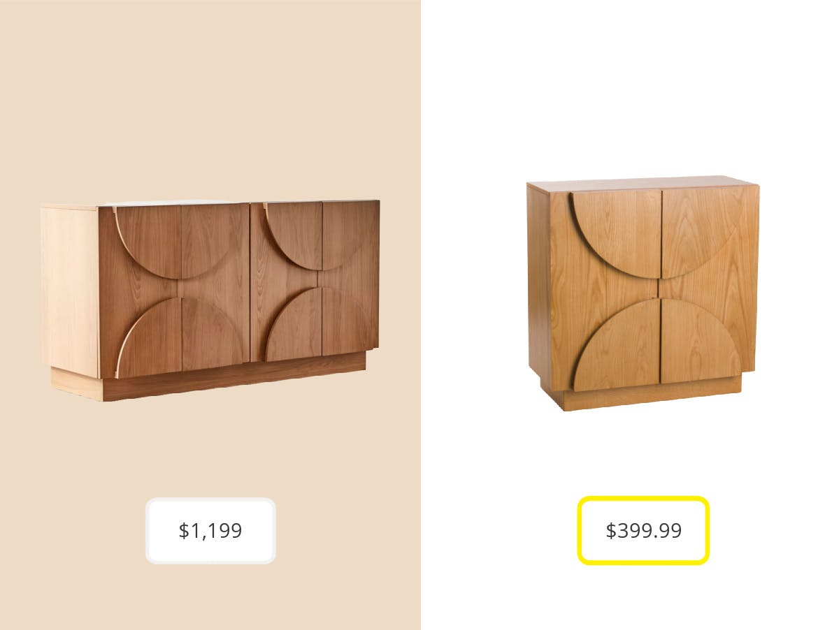 On the left: the Urban Outfitters Tabitha Credenza for $1,199. On the right: the T.J. Maxx Full Moon Cabinet dupe for $399.99.