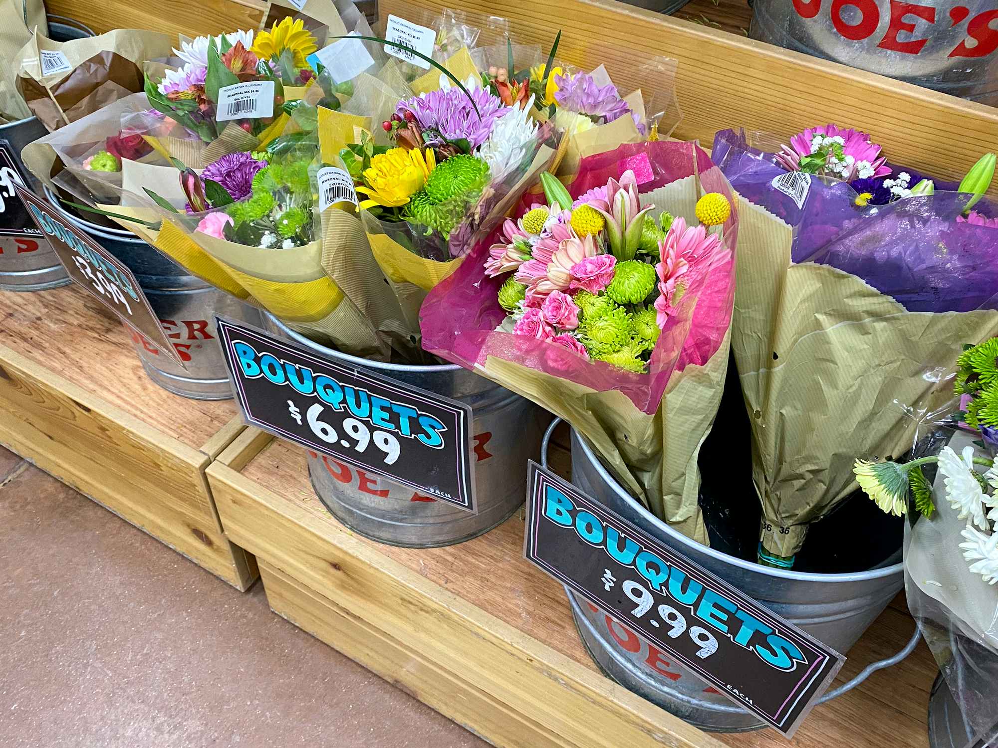 bouquets in buckets at trader joes at different price points