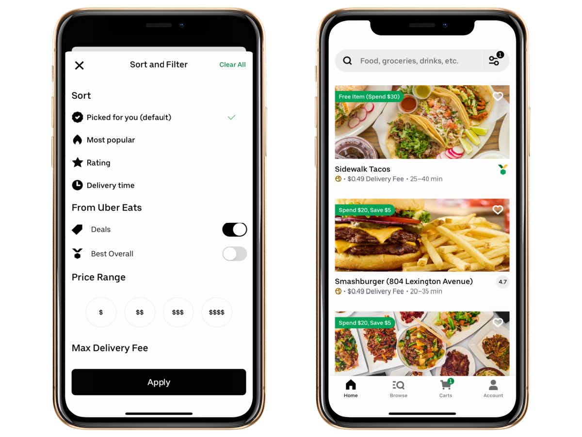 Two smartphones side by side, on the left is the Uber Eats app showing the "Deals" filter toggled on. The right shows a list of deals at restaurants in the Uber Eats app