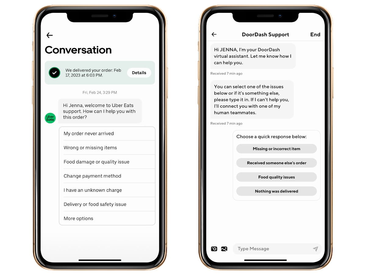 two smartphones side by side: on the left shows the start of an uber eats customer service chat. On the right is the start of a DoorDash customer service chat
