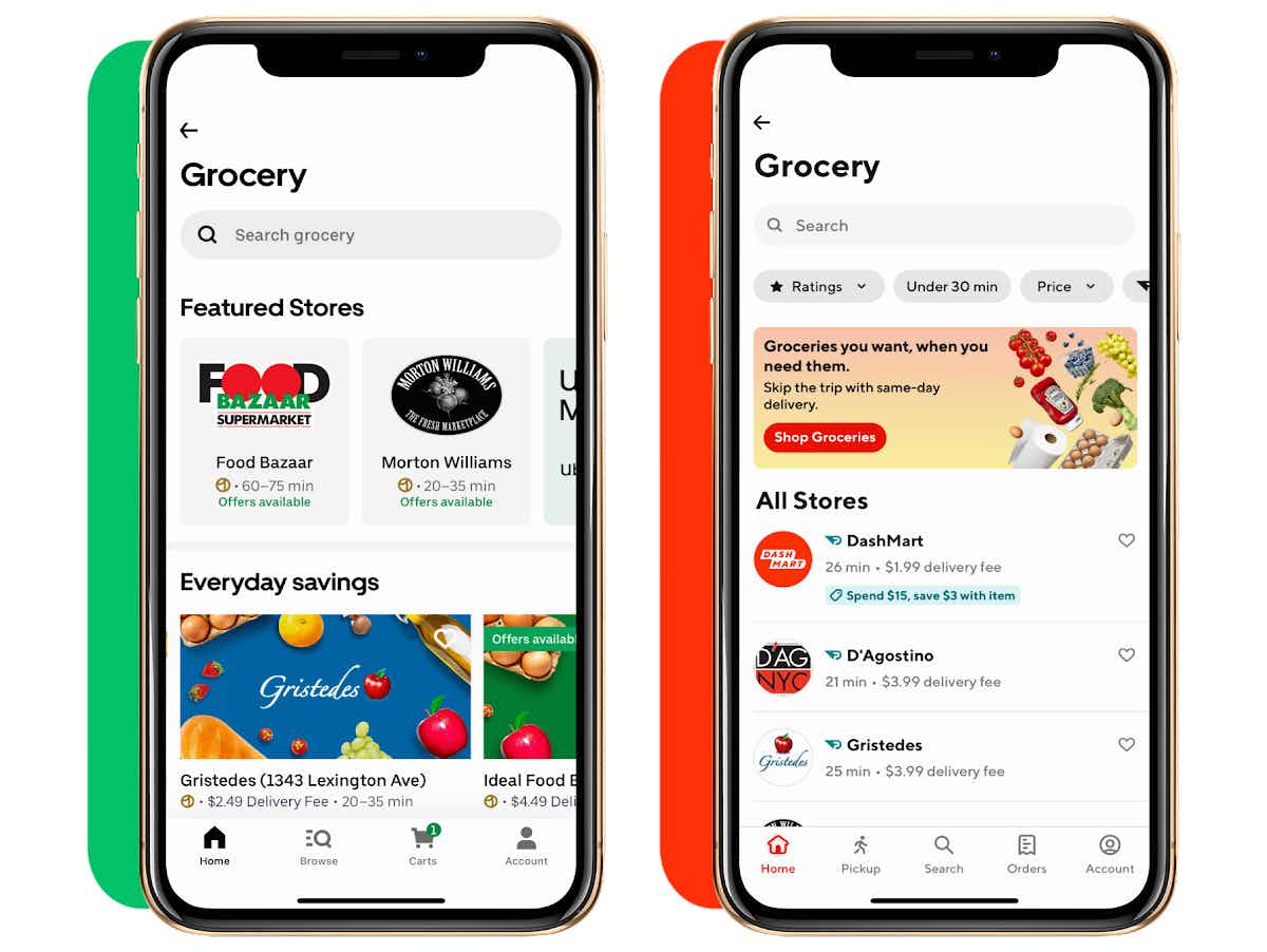 two smartphones side by side showing the grocery pages on the Uber Eats and DoorDash apps