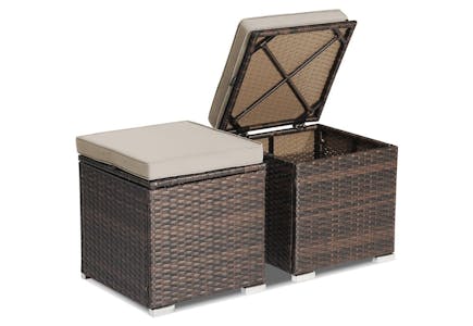 Two Rattan Patio Storage Ottomans