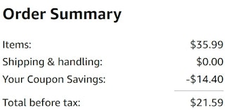 An Amazon order summary ending in $21.59