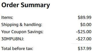 An Amazon order summary ending in $37.99