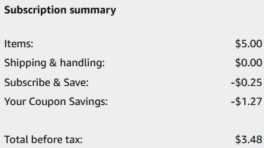An Amazon subscription summary ending in $3.48