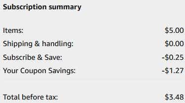 An Amazon subscription summary ending in $3.48