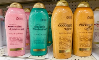 ogx body scrubs on a shelf
