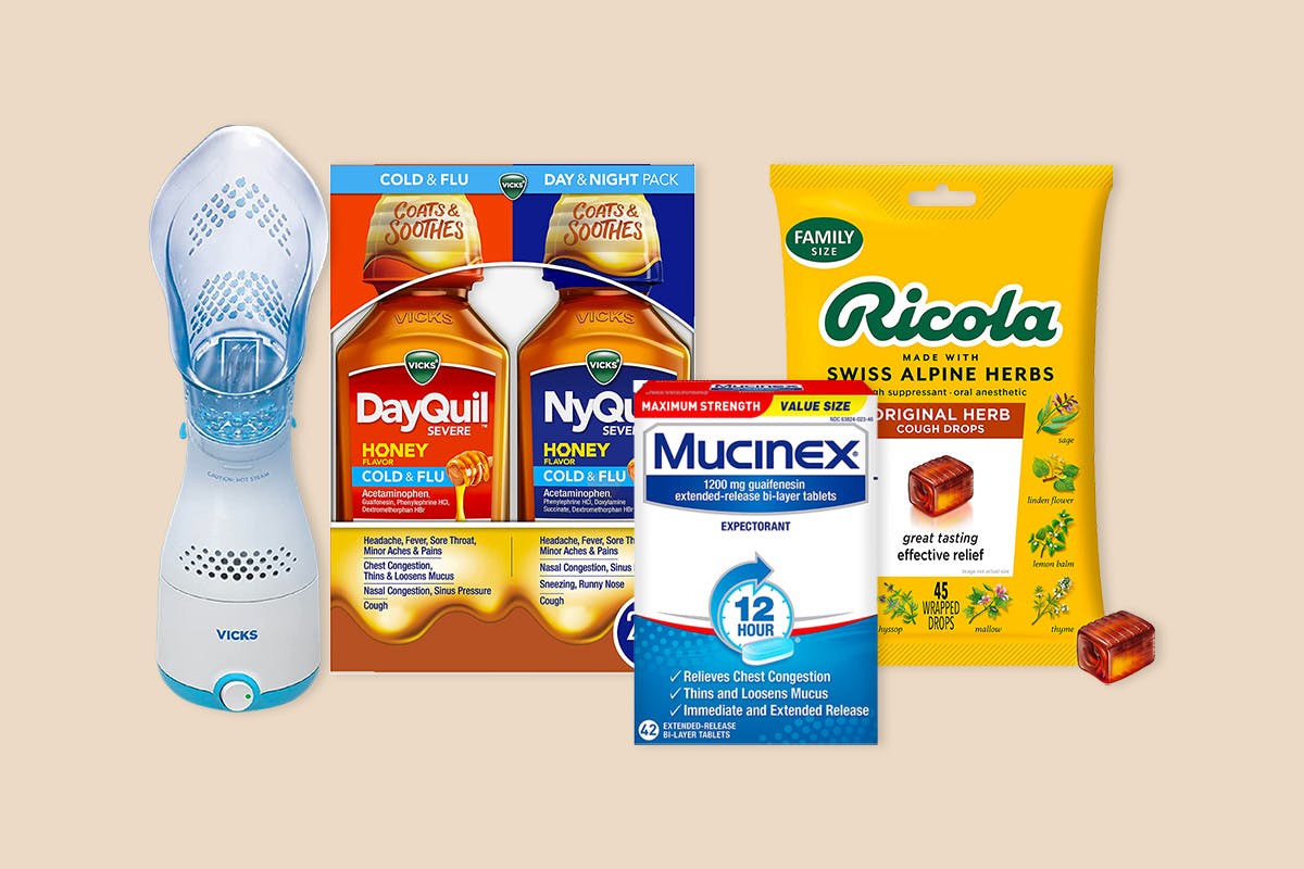 Some adult cold & flu products on a neutral background