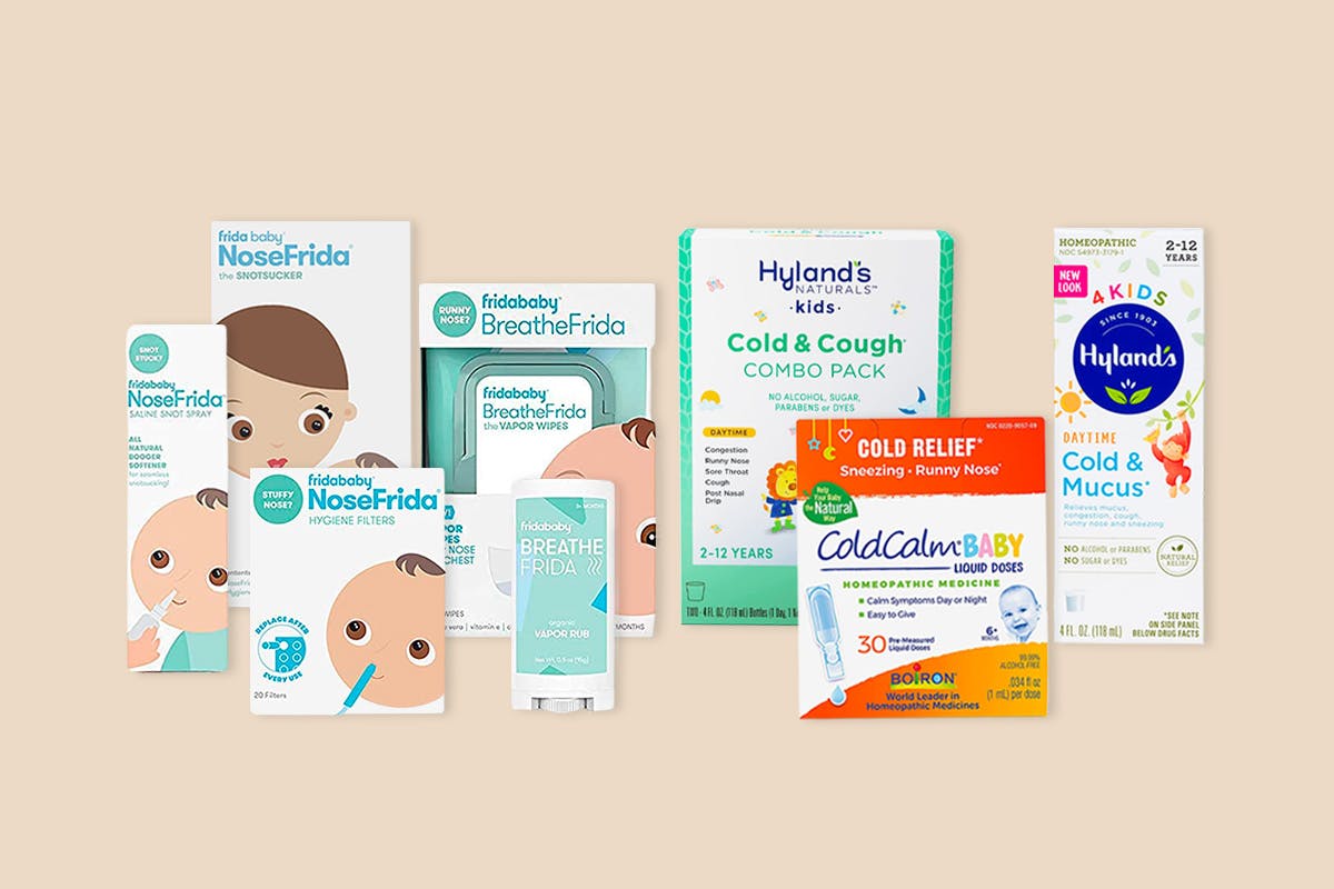 Some child cold and flu products on a neutral background