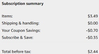 An Amazon subscription summary ending in $2.44