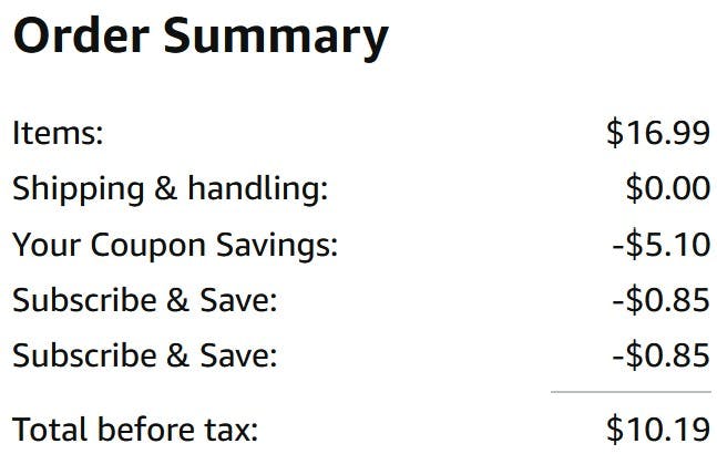 An Amazon order summary ending in $10.19