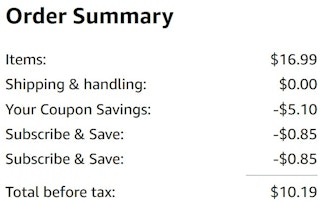 An Amazon order summary ending in $10.19