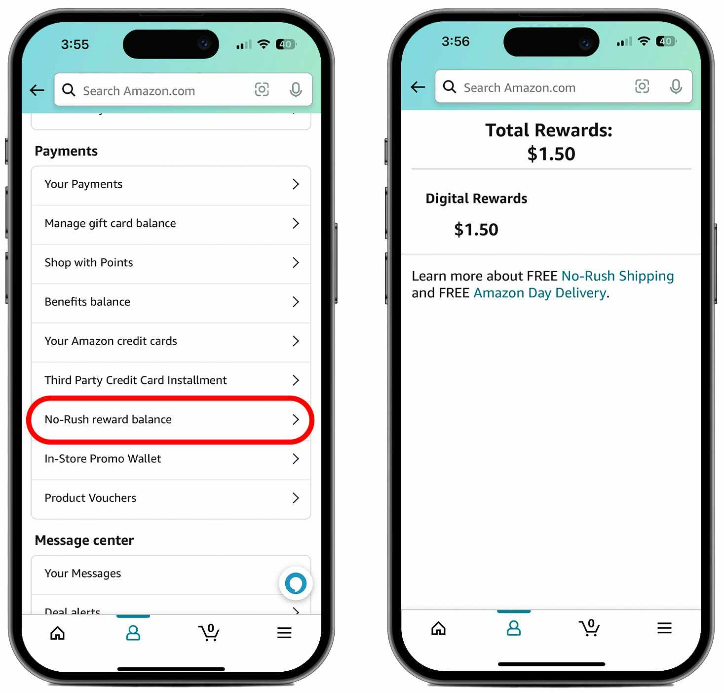 Two phones, one showing the list of links on the account menu in the Amazon app with the "No-rush reward balance" choice circled in red, and the other phone showing the Digital Rewards balance of the user
