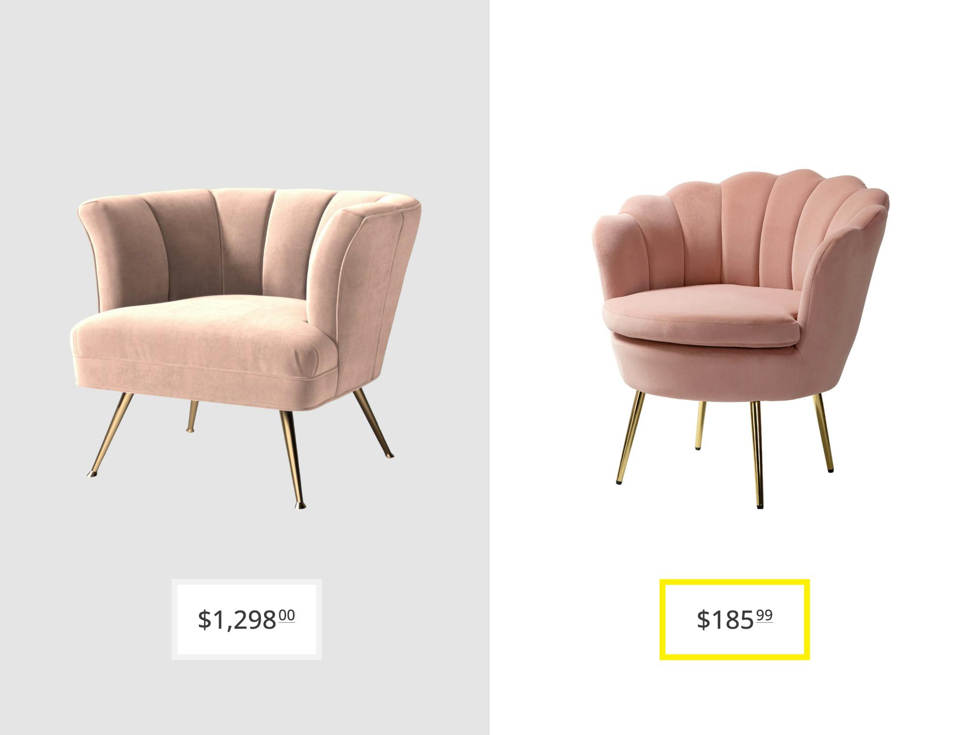 price comparison graphic with pink anthropologie tulip chair and hendrix upholstered barrel chair