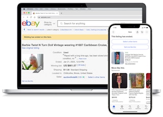 laptop and iphone screenshots of vintage twist and turn barbies on ebay