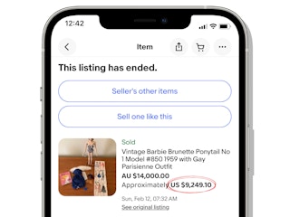 iphone screenshot showing vintage brunette barbie sold on ebay