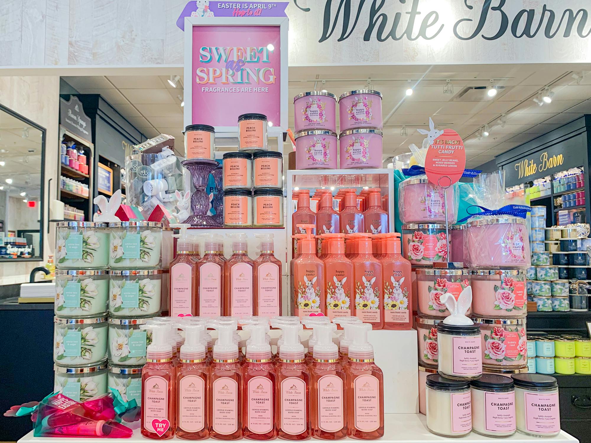 bath & body easter collection stand in store interior 