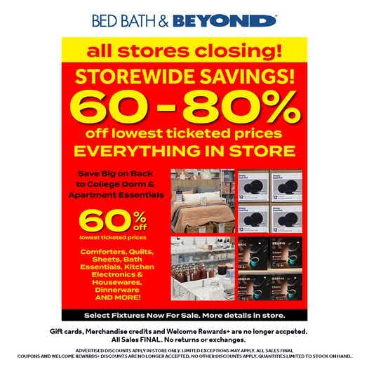 Graphic from Bed Bath & Beyond advertising 60-80% off in the store closing liquidation sale.