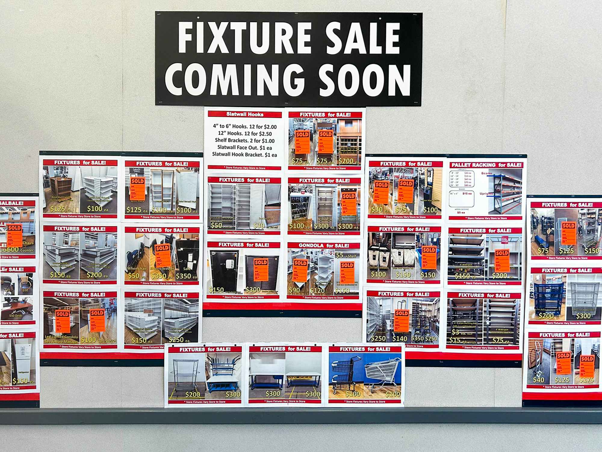 A wall display of fixtures available to purchase from the Bed Bath and Beyond liquidation sale