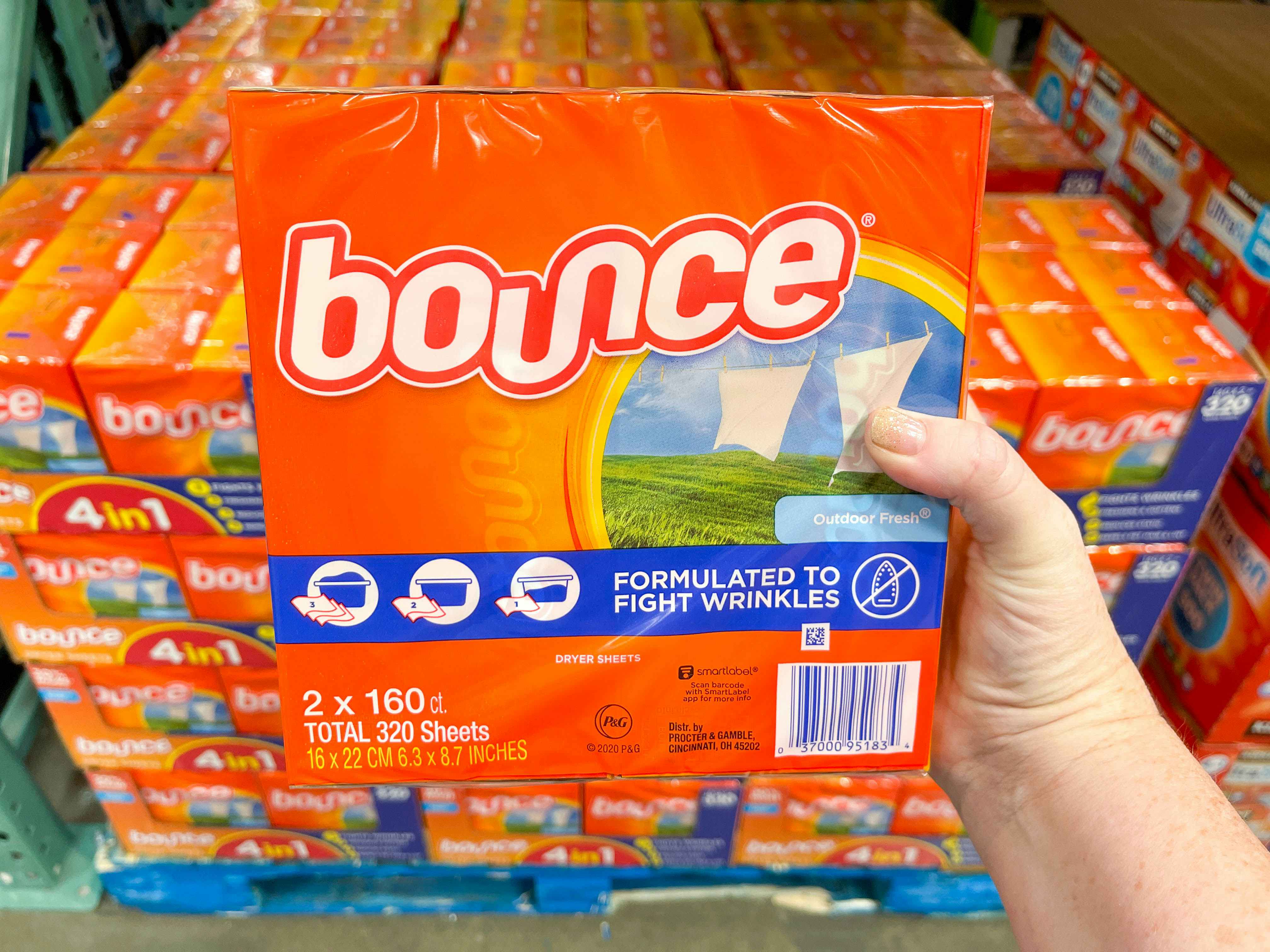 a package of bounce fabric pads being held in store