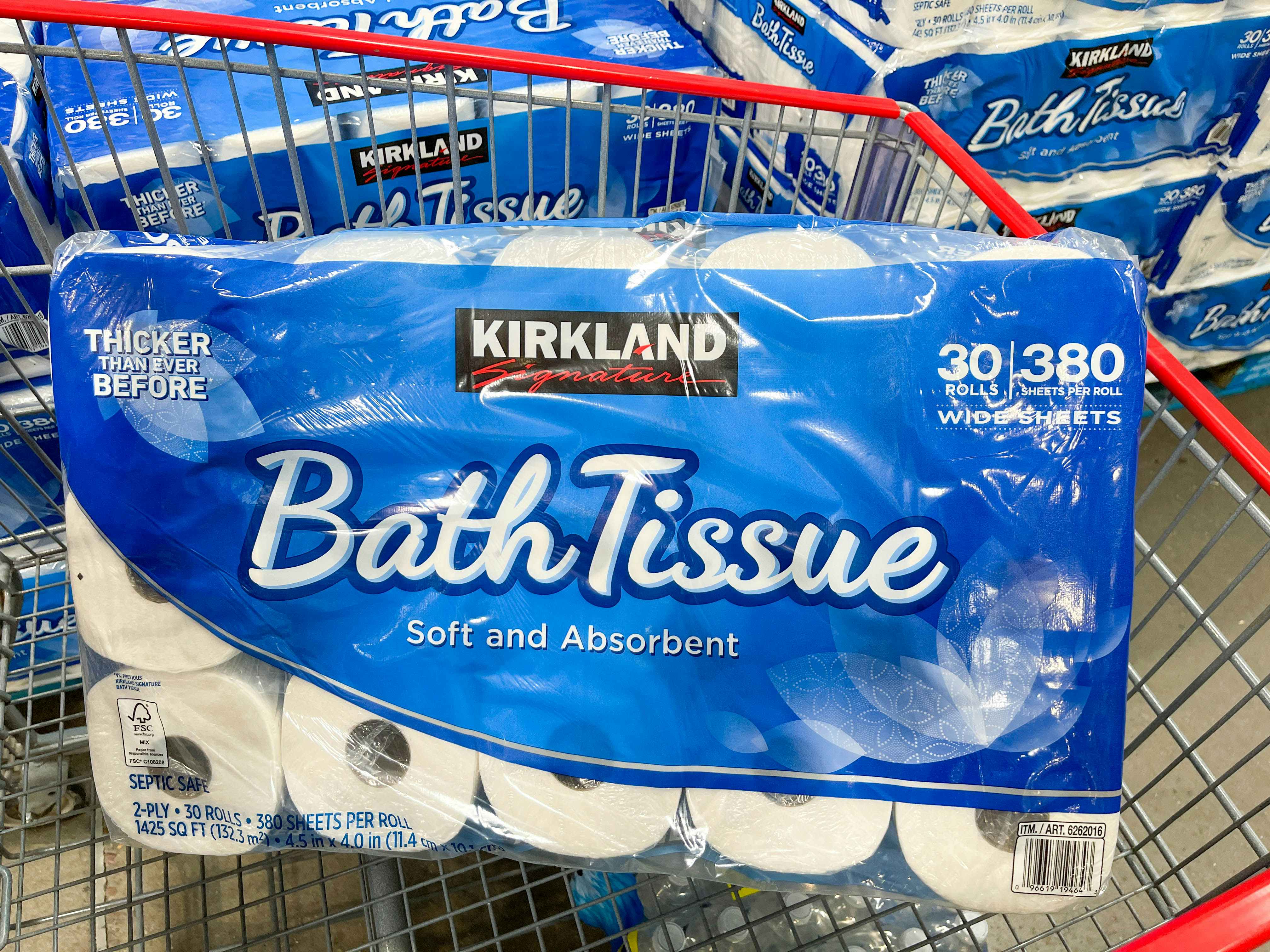 a large package of bath tissue in costco cart 