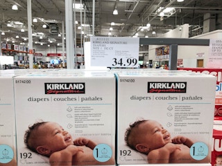 kirkland diapers in a box on display in costco