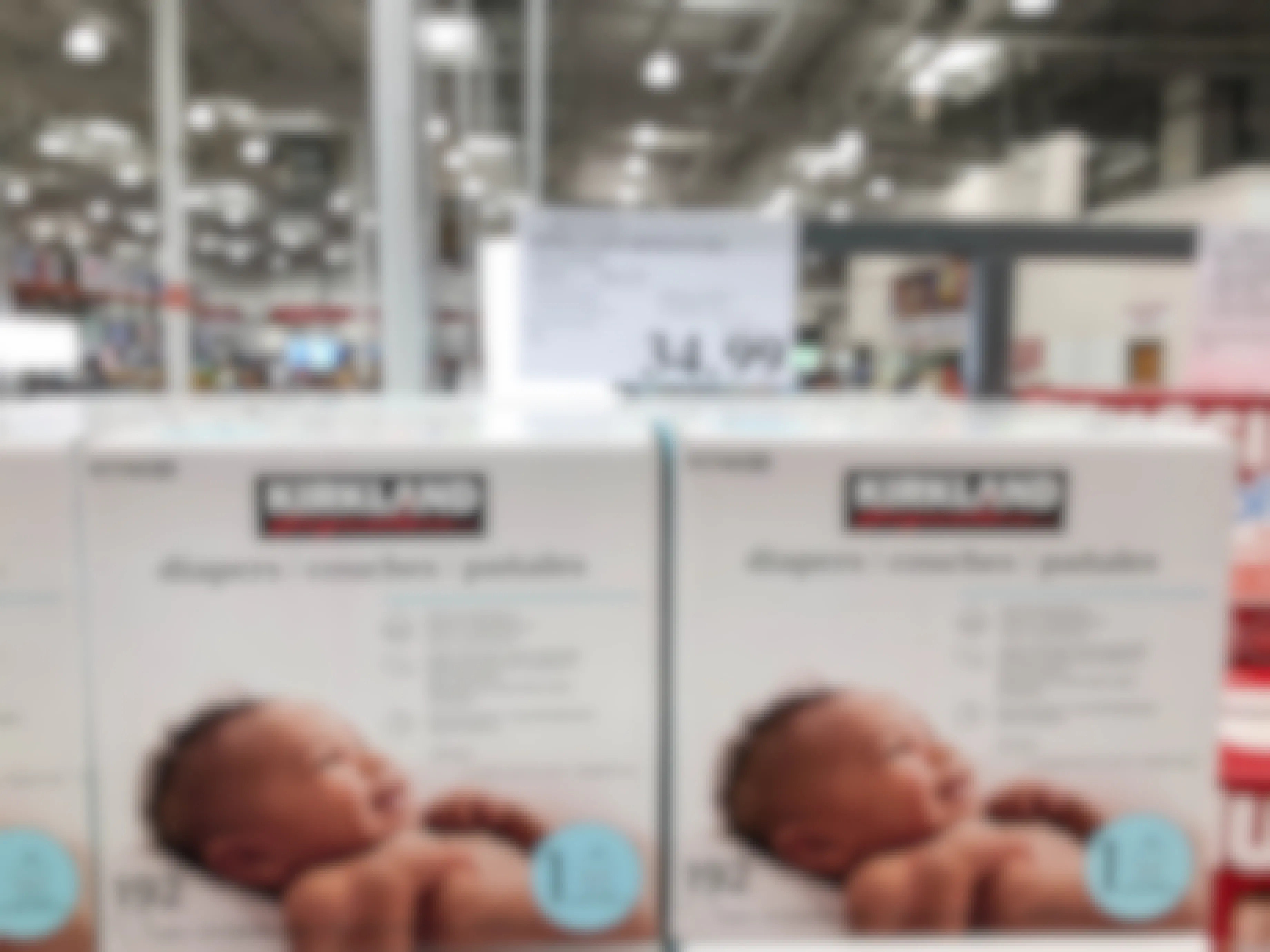 kirkland diapers in a box on display in costco