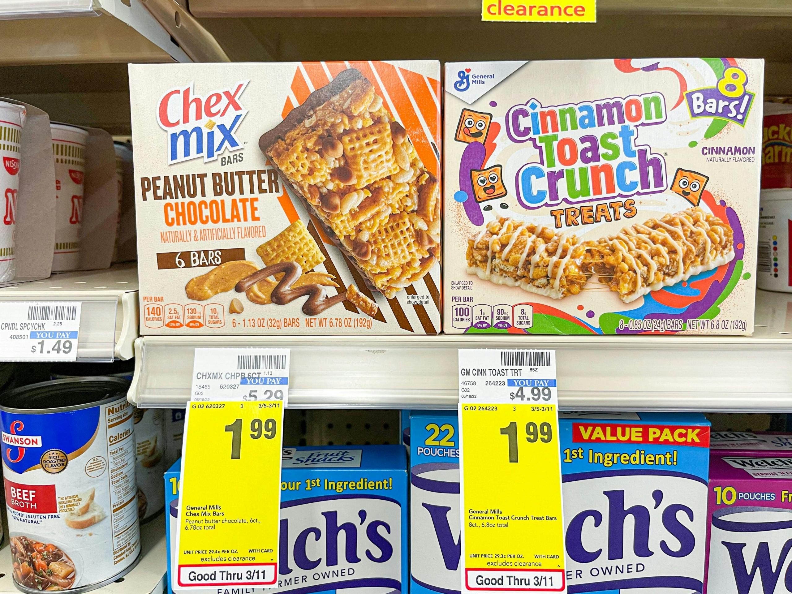 box of Chex Mix and General Mills treats on shelf with sales tag