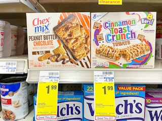 box of Chex Mix and General Mills treats on shelf with sales tag