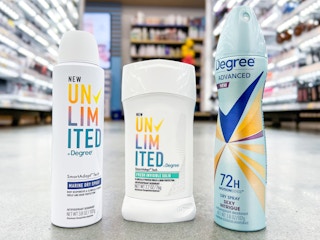 two Degree dry sprays and one deodorant on floor