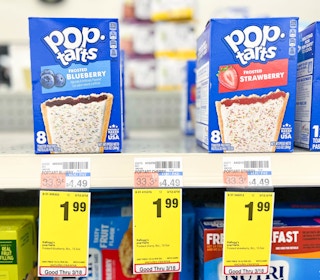 box of frosted blueberry and strawberry pop-tarts on shelf with sales tag underneath