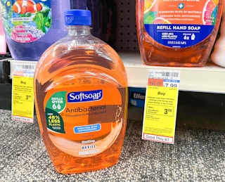 one Softsoap liquid hand soap refill bottle next to sales tag