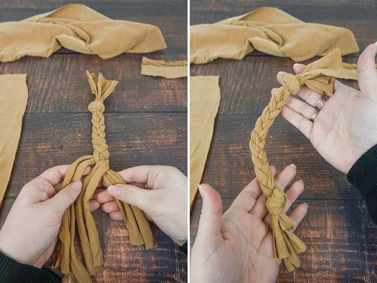 Braiding strips of an old shirt into a rope toy