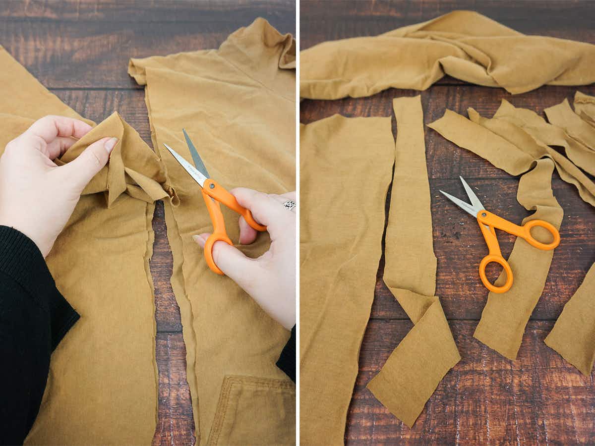 Cutting an old shirt into strips