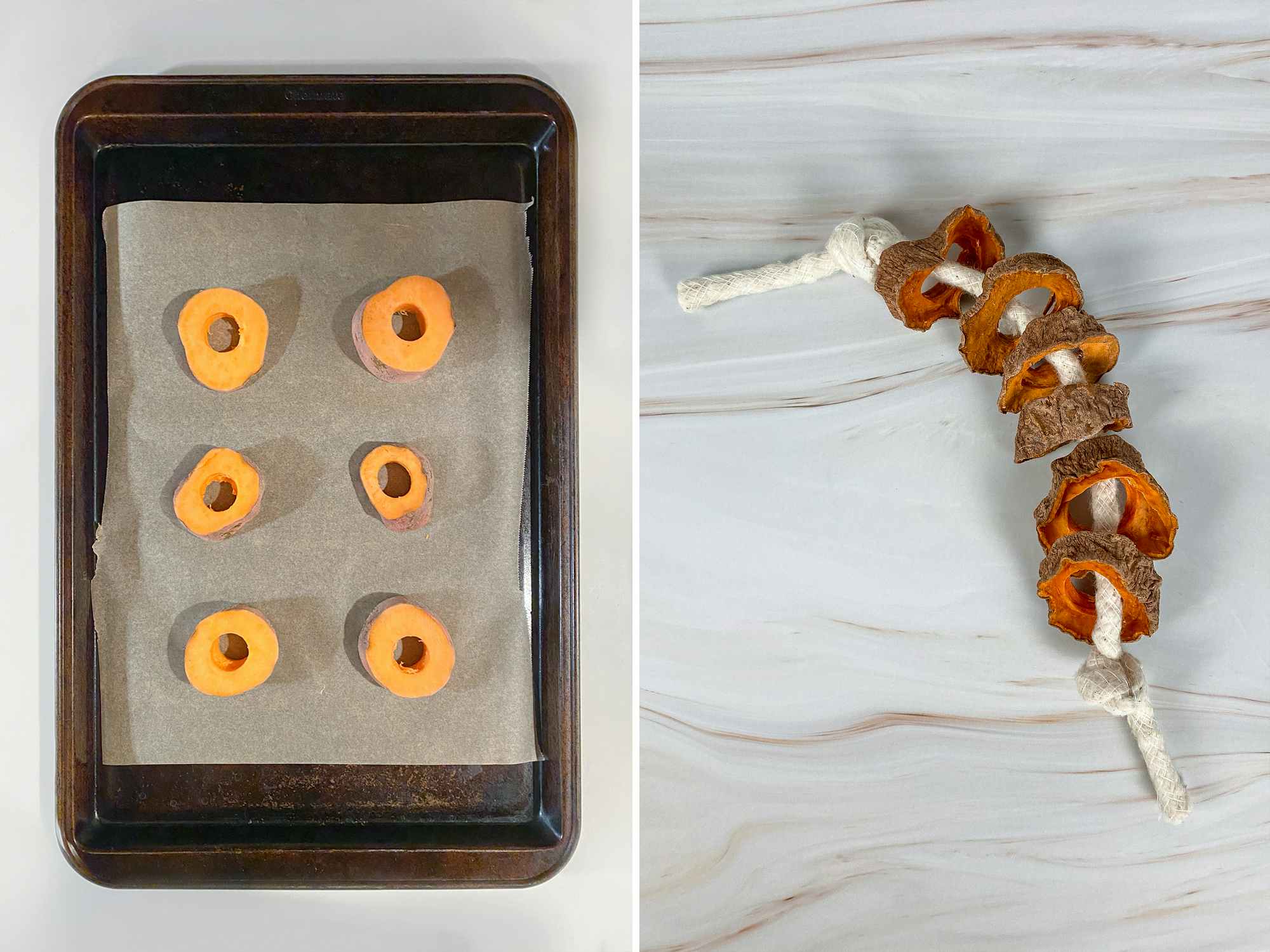 diy dog toy with dehydrated sweet potatoes on a rope