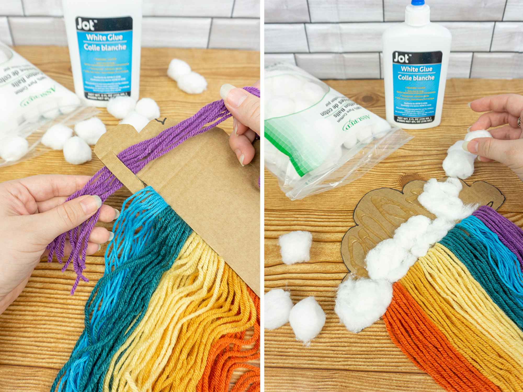 Someone pulling yarn through a hole in a cardboard cloud to make the purple stripe of a rainbow, and gluing cotton balls onto the cardboard for the cloud