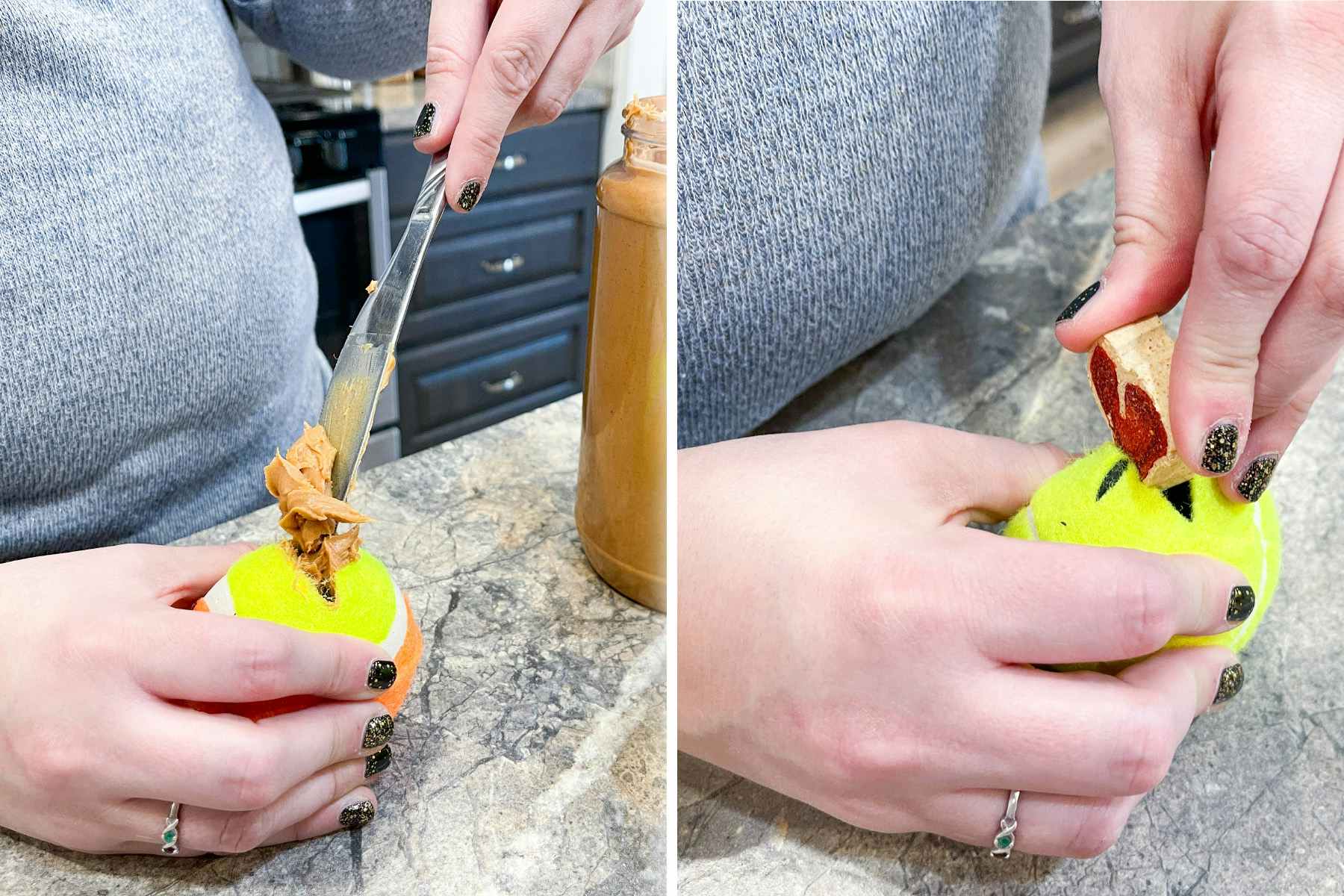 two images of a person filling a cut tennis ball with peanut butter and dog treats 