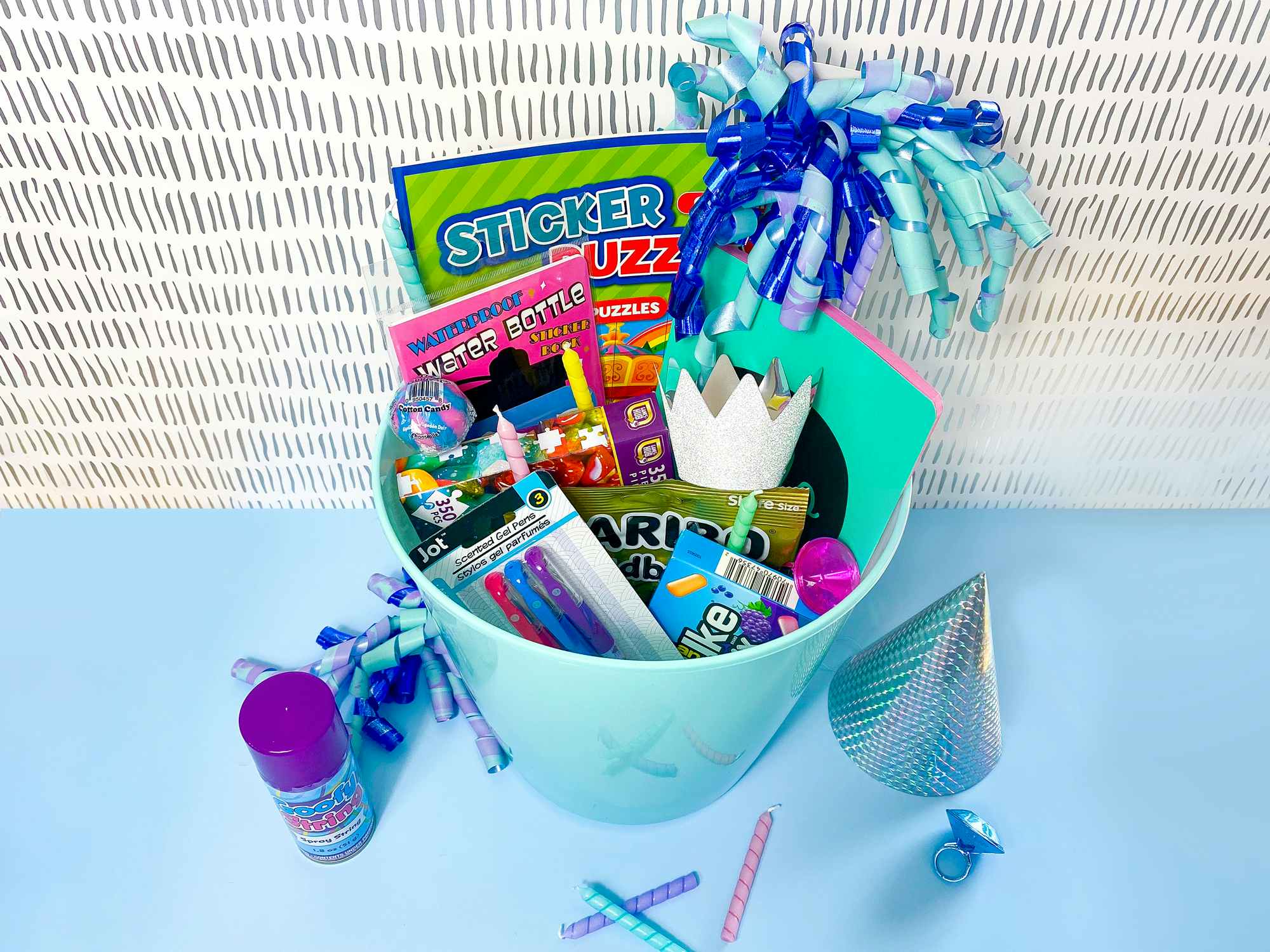 diy dollar tree gift basket with birthday themed gifts