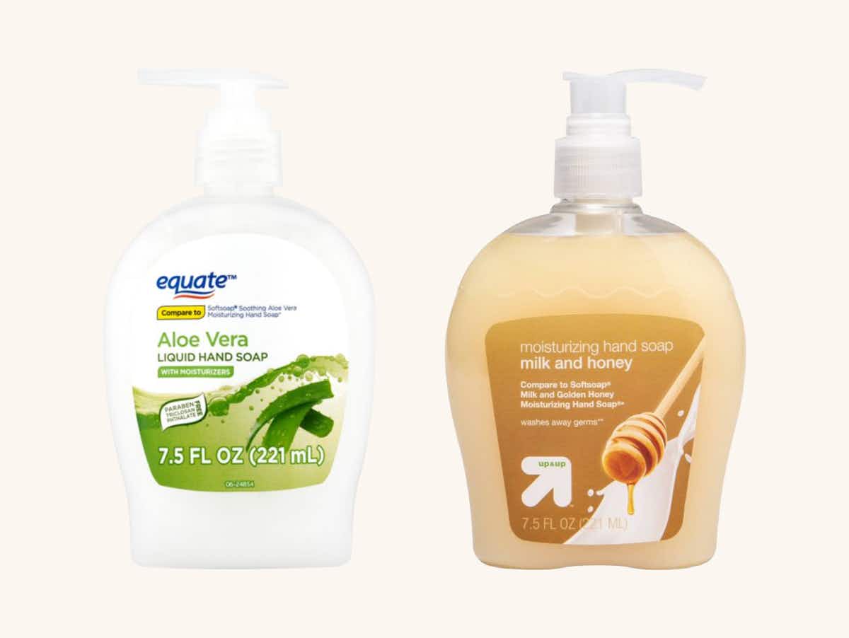 A bottle of equate aloe vera hand soap from walmart next to a bottle of up & up milk and honey hand soap from Target