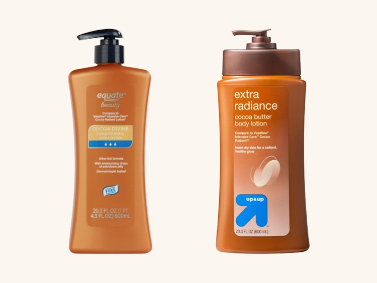 A bottle of equate cocoa butter lotion from walmart next to a bottle of up & up cocoa butter lotion from Target